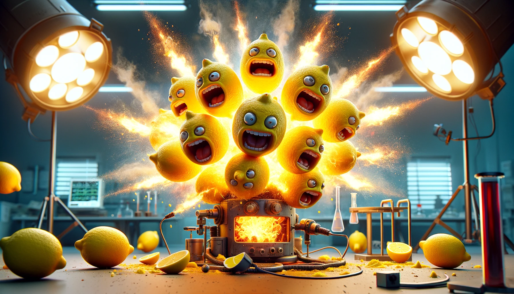 Envision a dynamic widescreen scene of combustible lemons, a whimsical concept where lemons have the explosive potential. These lemons are depicted mid-explosion, with bursts of flames and sparks coming from within, against a background that suggests a laboratory or a testing facility. The scene is illuminated by the bright, fiery glow of the lemons exploding, casting light on nearby scientific equipment and protective gear. The lemons themselves have a cartoonish, exaggerated appearance, with fierce, determined expressions as if they're embracing their explosive nature. The overall scene is a blend of humor and chaos, capturing the imagination of what it would be like if lemons could indeed combust, adding an element of surprise and unpredictability to a seemingly mundane fruit.
