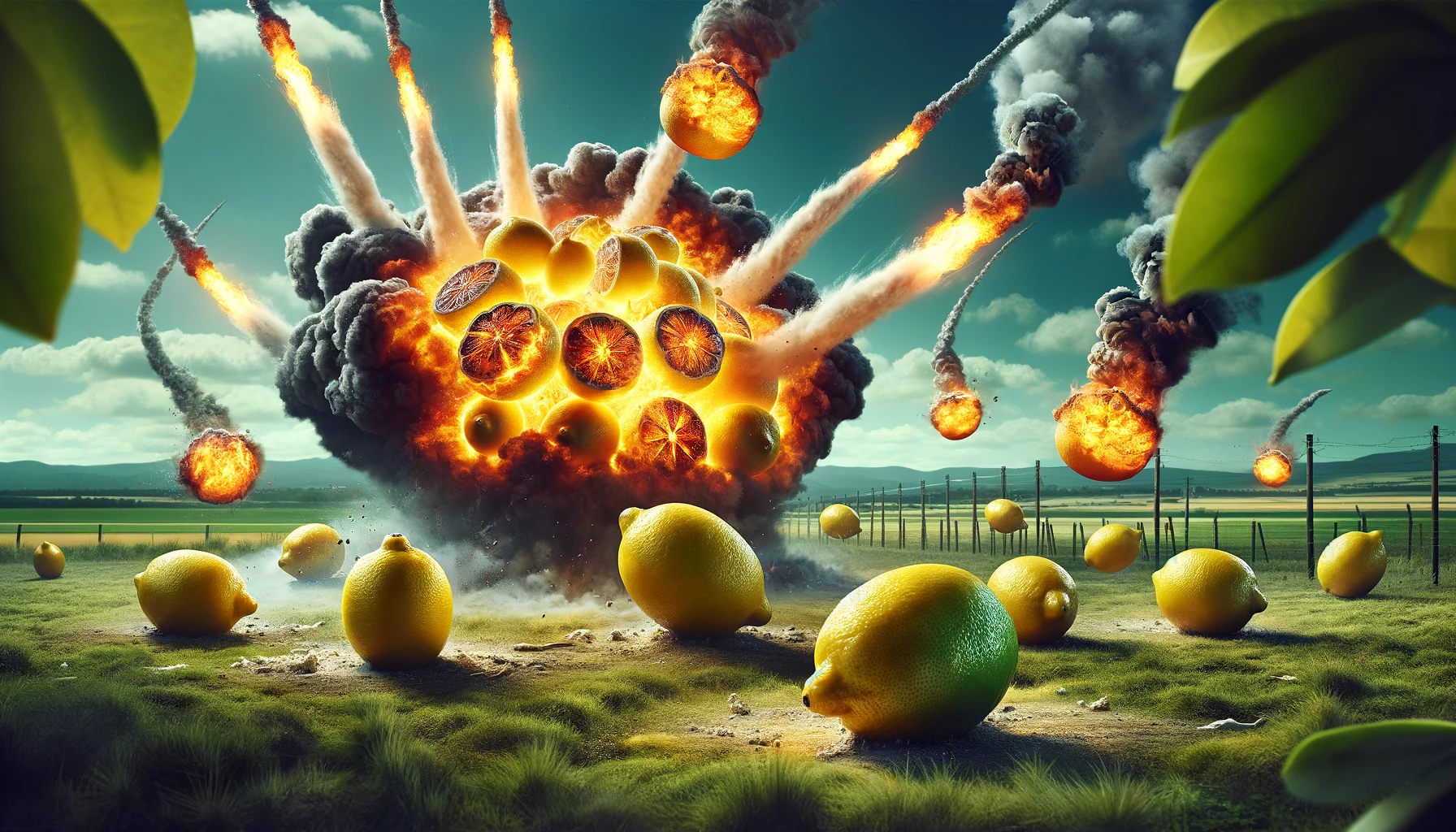 Imagine a dynamic widescreen scene depicting the concept of combustible lemons. These lemons are not just ordinary fruit; they are designed to explode, adding a humorous twist to the idea. The scene captures several lemons in various stages of combustion, with flames and smoke billowing out from them. The background is an open field, hinting at a controlled environment for testing these unusual lemons. Bright, fiery explosions contrast against the serene, green backdrop, highlighting the surreal nature of combustible lemons. The scene is filled with action, as some lemons are caught in the act of exploding, while others are ready to ignite, creating a spectacle of fire and citrus.