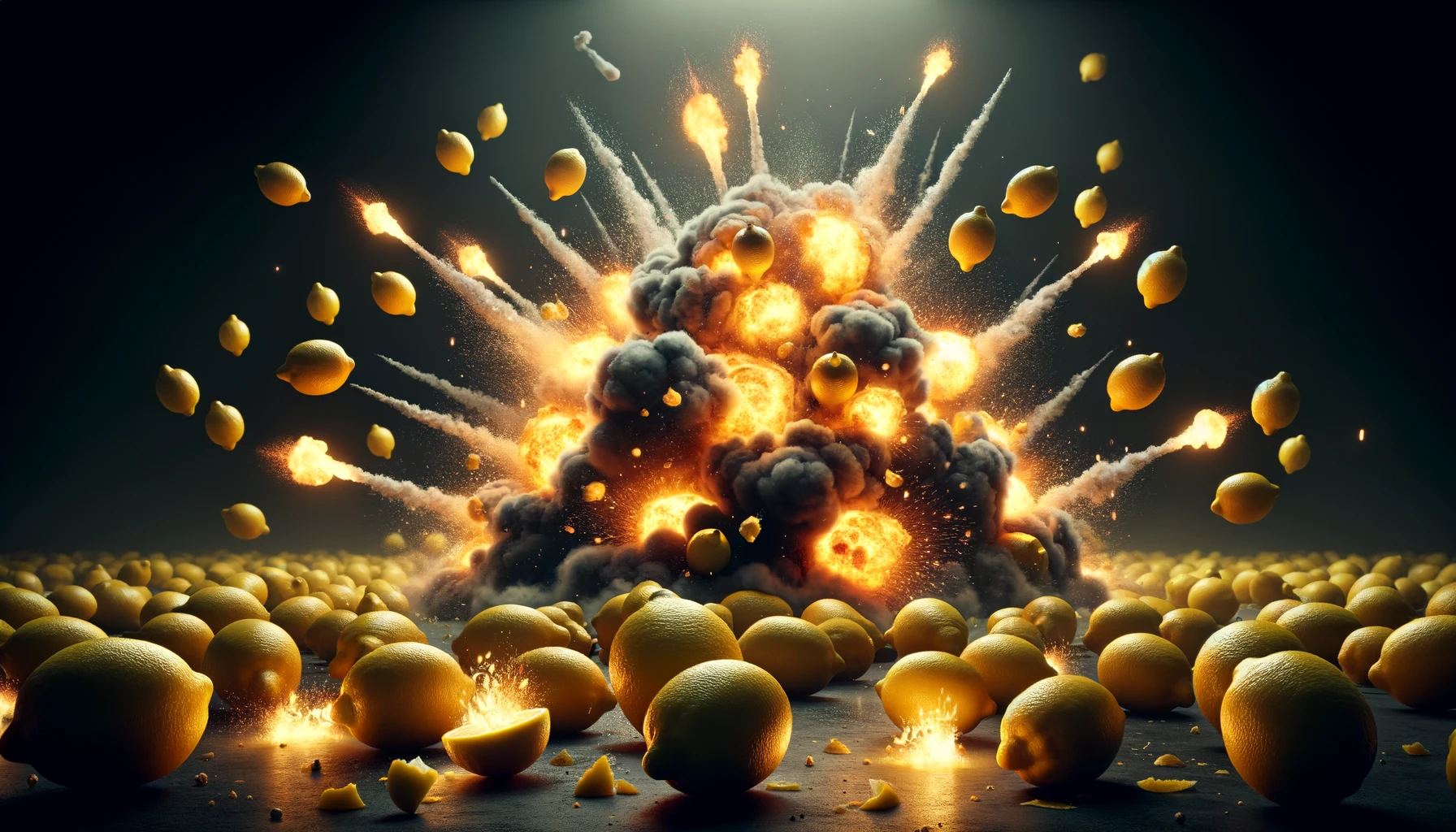 Visualize a cinematic widescreen image of combustible lemons that are exploding. This concept takes a humorous and slightly surreal approach to the idea of lemons with the ability to combust. In this scene, the lemons are seen in the moment of explosion, with bright flames and sparks erupting from them against a dark, mysterious backdrop that enhances the dramatic effect of the explosions. The contrast between the dark setting and the bright, fiery explosions of the lemons creates a visually striking image. The lemons are scattered across the scene, some in mid-air as they explode, adding dynamic movement and intensity to the composition. This scene captures the unexpected and whimsical notion of combustible lemons in a visually compelling way.