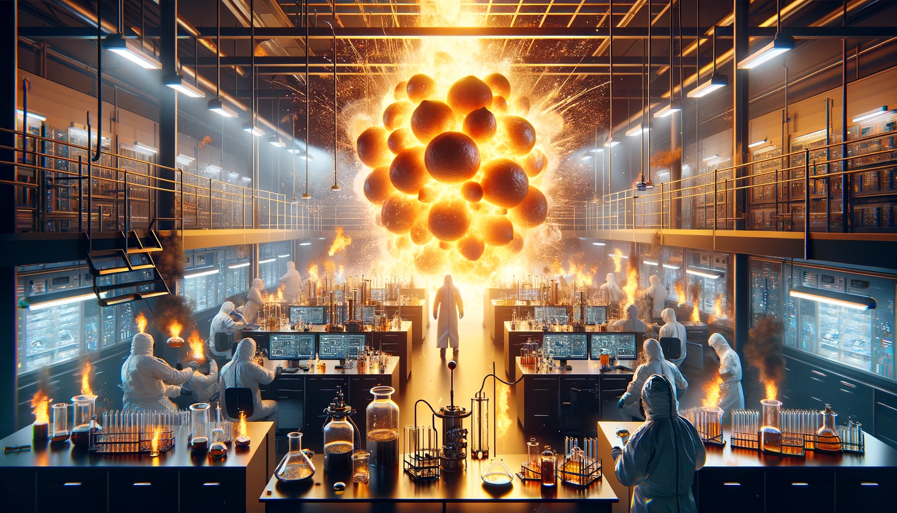 Visualize a widescreen scene in a high-tech research laboratory where the development of combustible lemons has taken a dramatic turn, resulting in more fire. The lab is now a flurry of activity as scientists in protective gear rush to contain a situation where several lemons have exploded simultaneously. Flames and sparks fill the air, highlighting the volatile nature of these experimental fruits. Amidst the chaos, advanced scientific equipment is visible, including test tubes, beakers, and digital monitors flashing emergency alerts. The center of the lab shows the epicenter of the explosion, with remnants of lemons and a bright, fiery glow indicating the source of the combustion. Despite the danger, the atmosphere is still one of innovation, as the team works diligently to understand and harness the power of combustible lemons. The lighting is intense, with the fire casting dynamic shadows and illuminating the faces of the focused scientists.